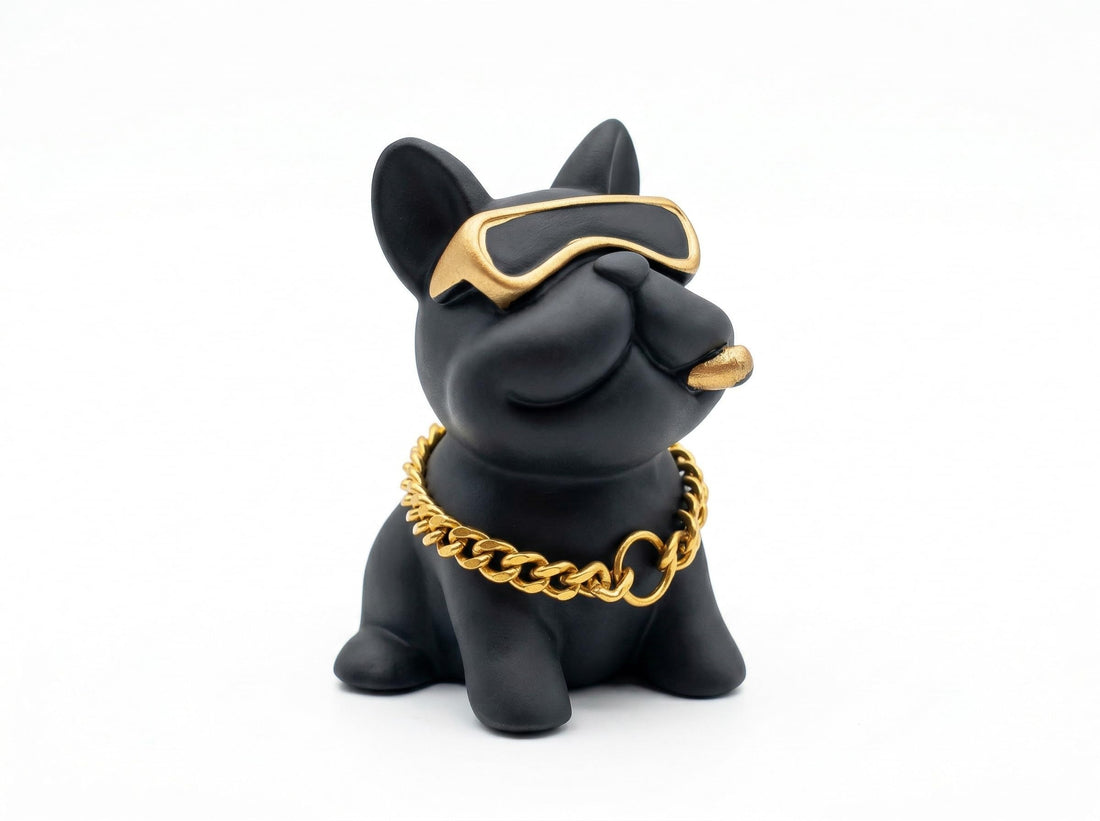 Cool French Bulldog Car Dashboard Ornament - Matte Black Frenchie Statue with Gold Chain & Sunglasses - Creative Auto Interior Decoration & Home Office Decor Figurine - Gift for Dog Lovers