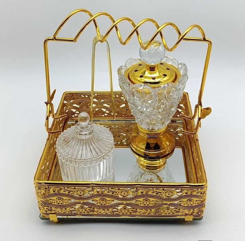 Luxury Crystal Glass Incense Burner with Gold Metal Tray, Engraved Design, Includes Lid and Bakhoor Holder, 5x5x5 cm