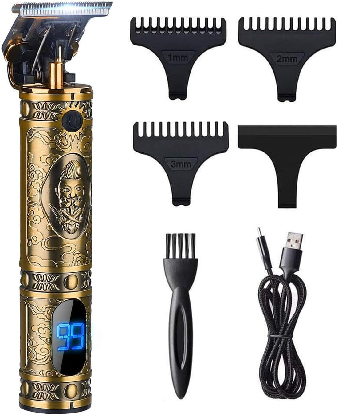 HOME-GOLD T9 Professional Multi-Speed Cordless Pharaonic Razor, Digital Display, Gold, with 3 Combs and USB Charger