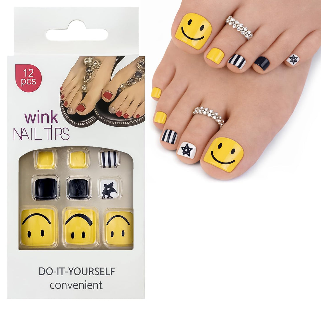 Press On Toenails - Set Of 12 Nail Tips, Pre-Shaped Full Cover False Nails & Professional Nail Glue, Quick & Easy Application (Smiley Pop)