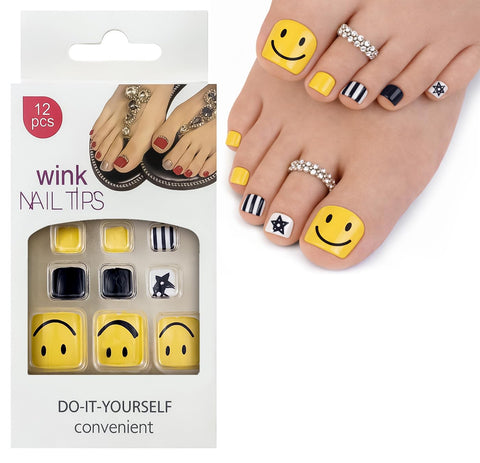 Press On Toenails - Set Of 12 Nail Tips, Pre-Shaped Full Cover False Nails & Professional Nail Glue, Quick & Easy Application (Smiley Pop)