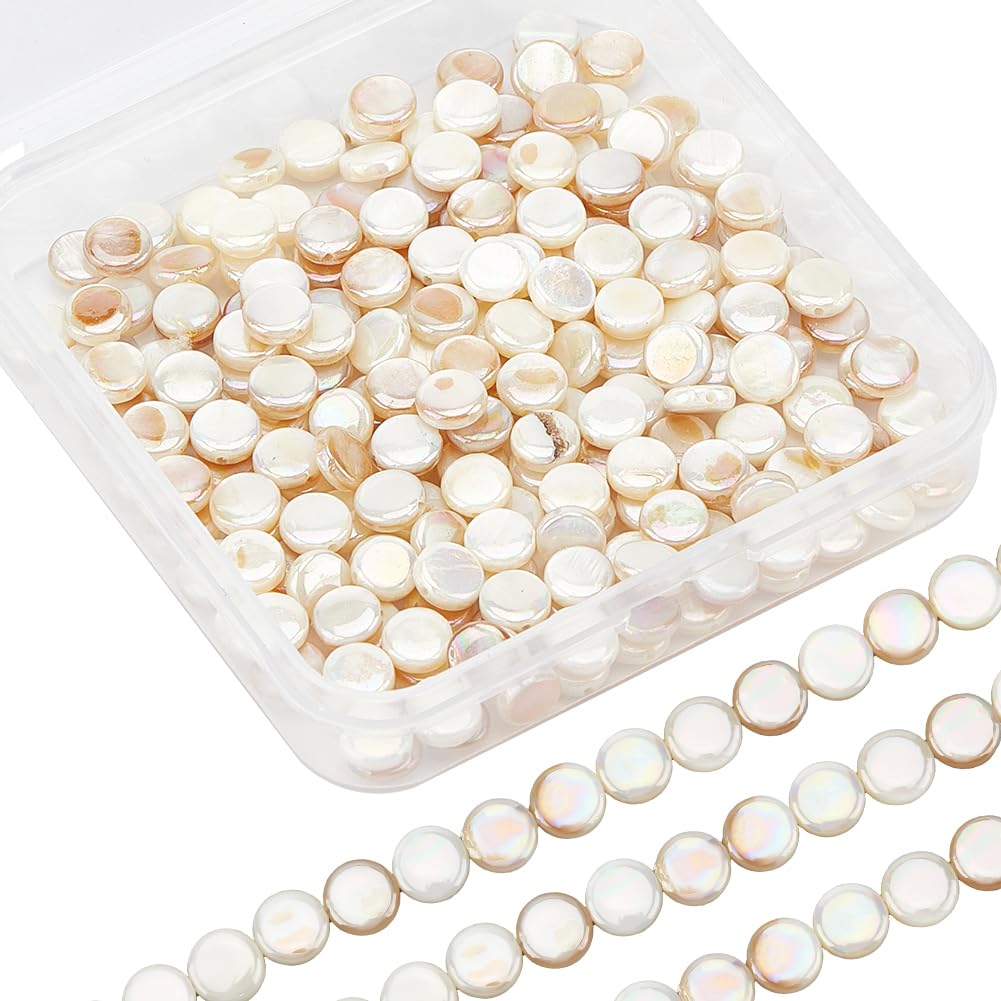 SUNNYCLUE 1 B0X About 250Pcs+ 6MM Flat Round Shell Beads Seashells Beads Freshwater Mother of Pearl Shells Capiz Disc Coin Rondelle Beads for Jewellery Making Bracelet Earring Accessories Beginner