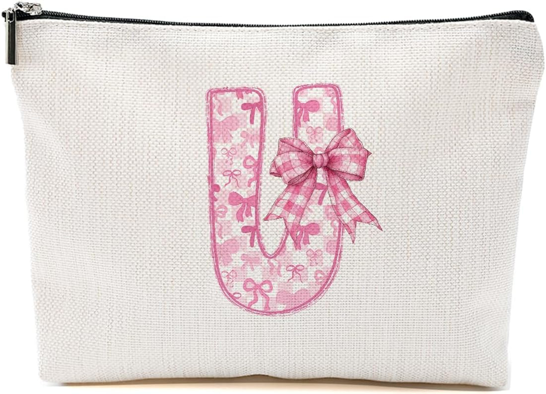 Personalized Initial Letter Makeup Bag, Rose Initial Cosmetic Bag with Zipper Birthday Gifts for Women Girls, Pink bow (U)