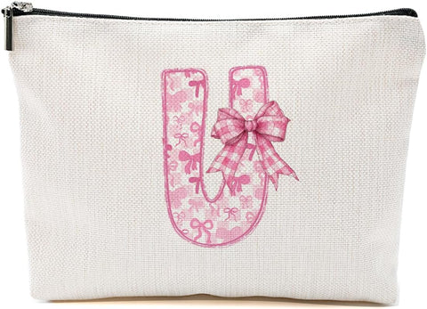 Personalized Initial Letter Makeup Bag, Rose Initial Cosmetic Bag with Zipper Birthday Gifts for Women Girls, Pink bow (U)