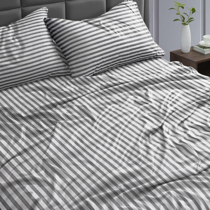 Cotton Bed Sheet Set, Grey and White Striped, Linea Design, 3 Piece (Linea, Double 160x200, Fitted bed sheet)