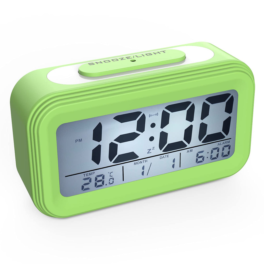 Coolzon Digital Alarm Clock, Silent Battery Alarm Clock for Kids, Adults, Large LED Screen Temperature Calendar, Travel Alarm Clock with Night Light Snooze Function, Green