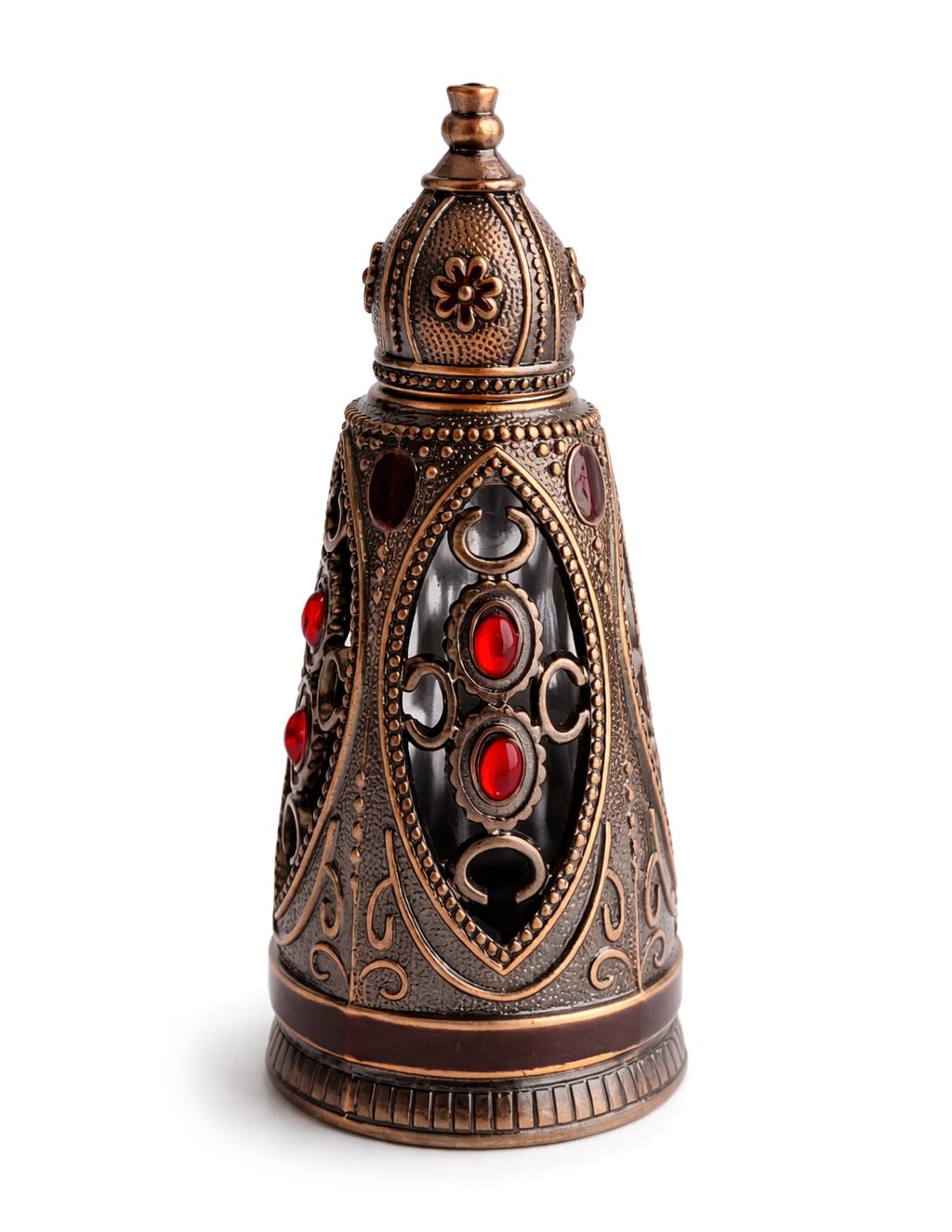 Decorative Metal Body & Glass Heart Reusable Empty Perfume Bottles - Antique Finish Embossing & Studded - Smooth Silk Inner Rod - for Essential Oils, Perfect for Travel, Gifts, Decoration (S-05)