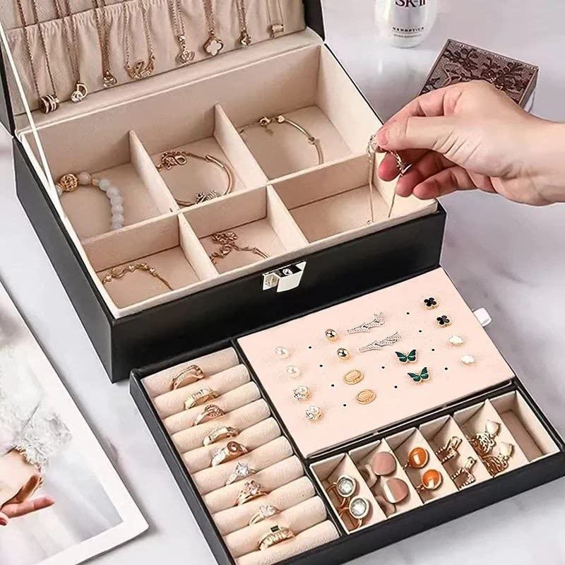 Leather Jewelry Organizer Box with Lock, 2 Layers Removable Travel Box, Storage for Necklaces, Rings, Earrings, Bracelets, Black