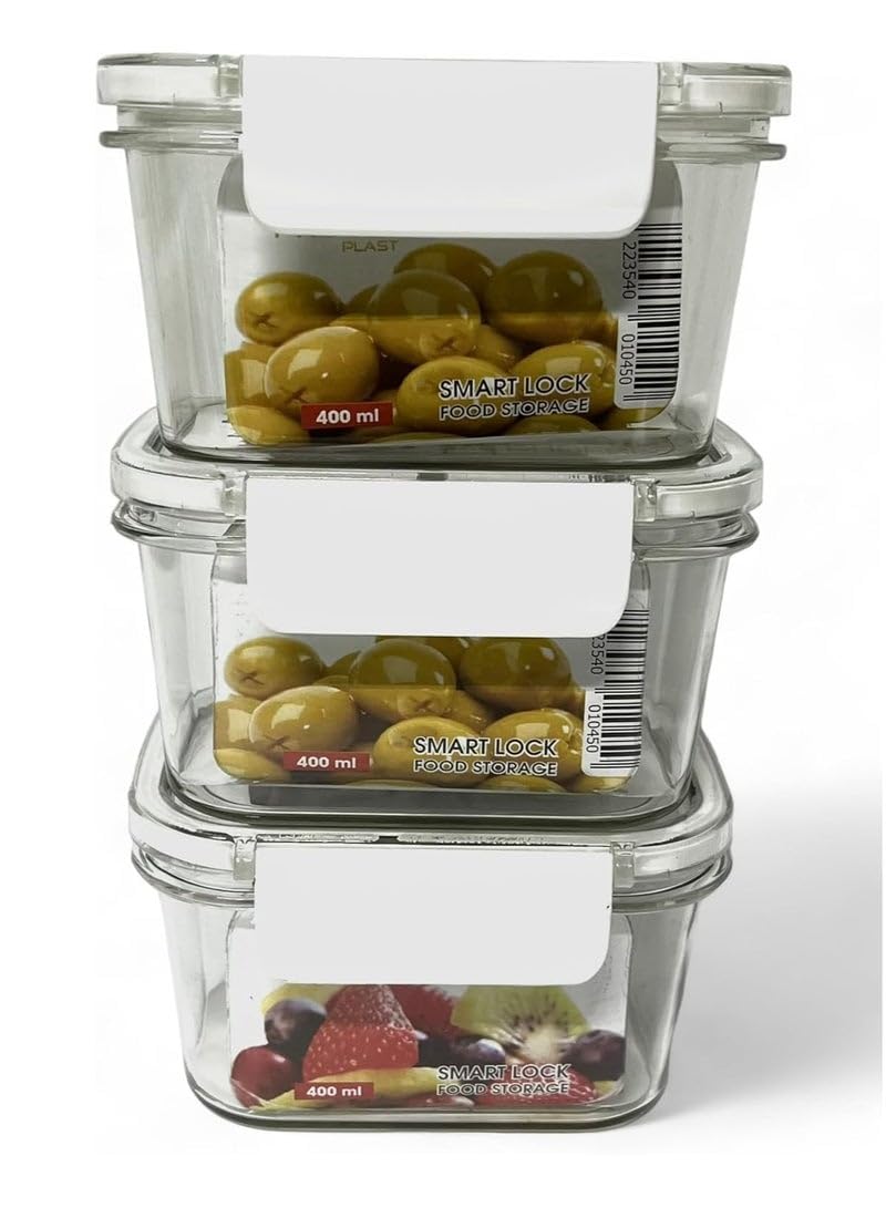 Acrylic Fridge Food Container Set Of 3 Pieces With Airtight Lock And Clear Silicone Sides - 3 x 400 ml