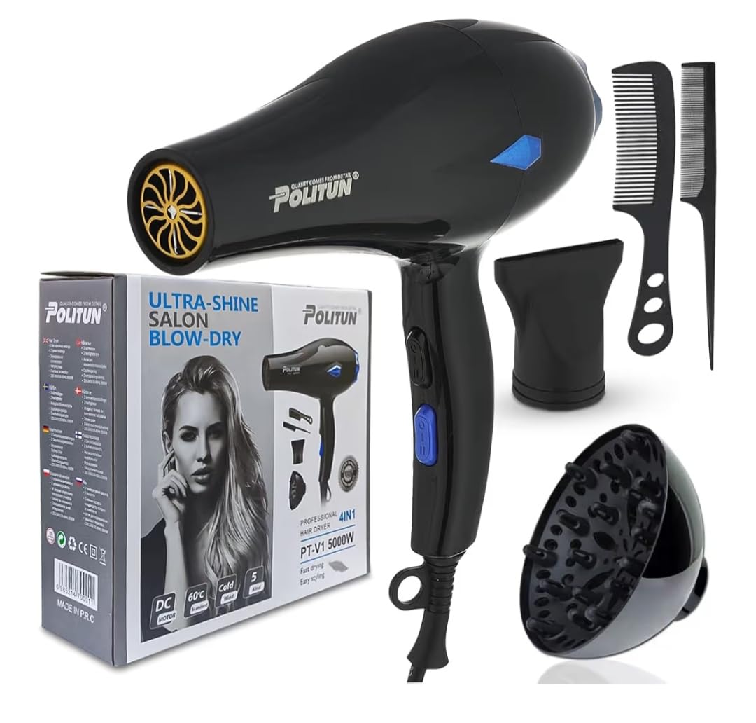Professional Hair Dryer 5000W – Fast Drying Salon Hair Dryer with 3 Heat Settings, 2 Speeds, Cool Shot, Detachable Air Concentrator & Overheat Protection, PT-V1