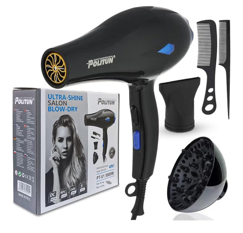 Professional Hair Dryer 5000W – Fast Drying Salon Hair Dryer with 3 Heat Settings, 2 Speeds, Cool Shot, Detachable Air Concentrator & Overheat Protection, PT-V1