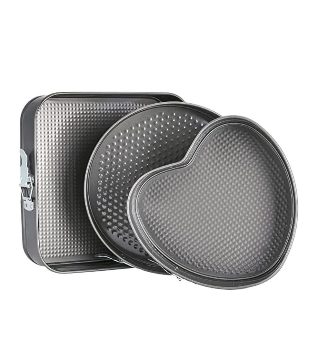 Downtown 3-Piece Detachable Springform Cake Moulds, Round Square and Heart Granite Coated Baking Pans Set, Non-Stick Leakproof Cake Tins with Quick Release Buckle for Party Cakes