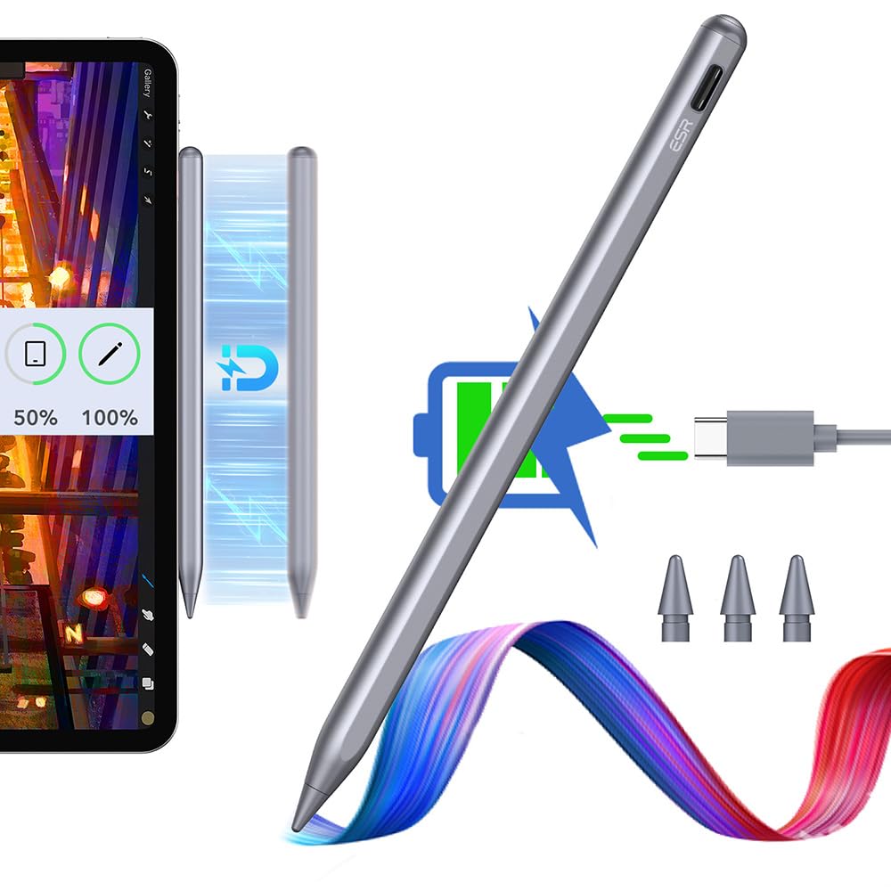 ESR Stylus Pen for iPad, Magnetic Wireless Charging iPad Pencil, Digital Pencil Pro with Tilt Sensitivity and Palm Rejection for iPad Pro 12.9/11, iPad Air 5/4, and iPad Mini 6, Dark Silver