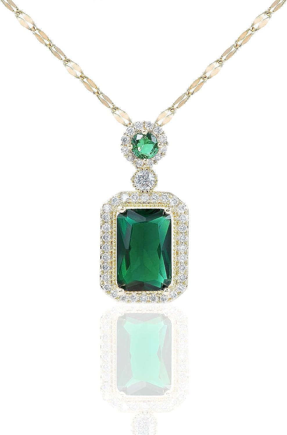Princess Style Rhinestone Zircon Simulated Green Emerald Pendant Necklace for Women Square Cubic Zirconia Aesthetic Necklaces 18K Gold Plated Stainless Steel Fashion Jewelry By Julia Store