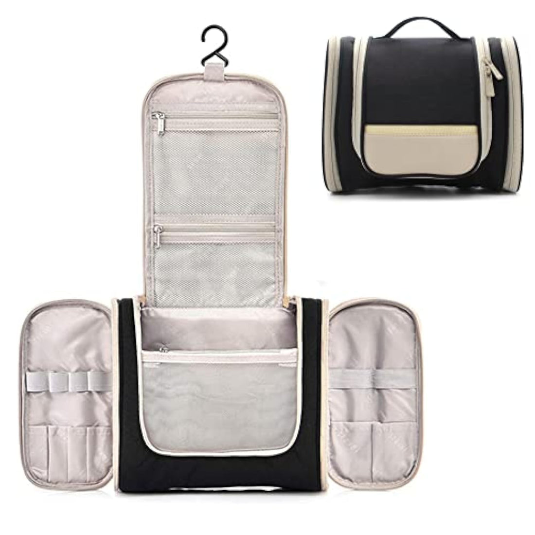 Travel Hanging Toiletry Wash Bag with Multiple Compartments Pockets, Waterproof Makeup Cosmetic Organizer Portable for Women Men Kids Black