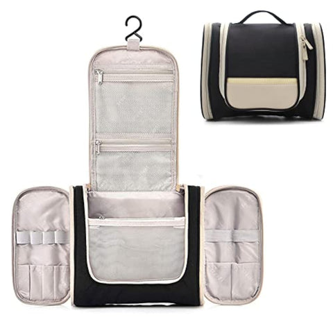 Travel Hanging Toiletry Wash Bag with Multiple Compartments Pockets, Waterproof Makeup Cosmetic Organizer Portable for Women Men Kids Black