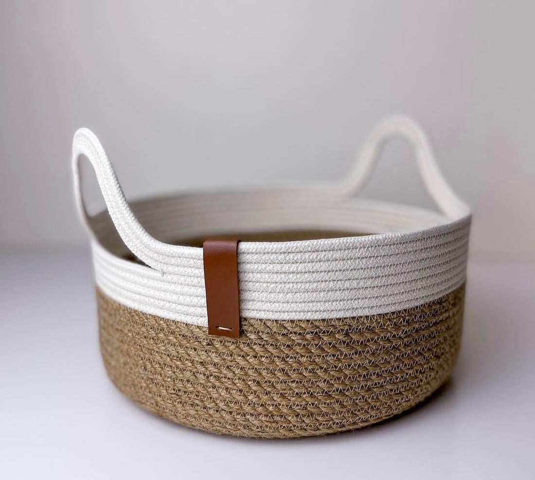Woven It -Woven Jute Basket, 25 cm x 15 cm, White and Brown can be used in Kitchen, toilet, living room, dining room, kids room, bed room, indoor & outdoor.