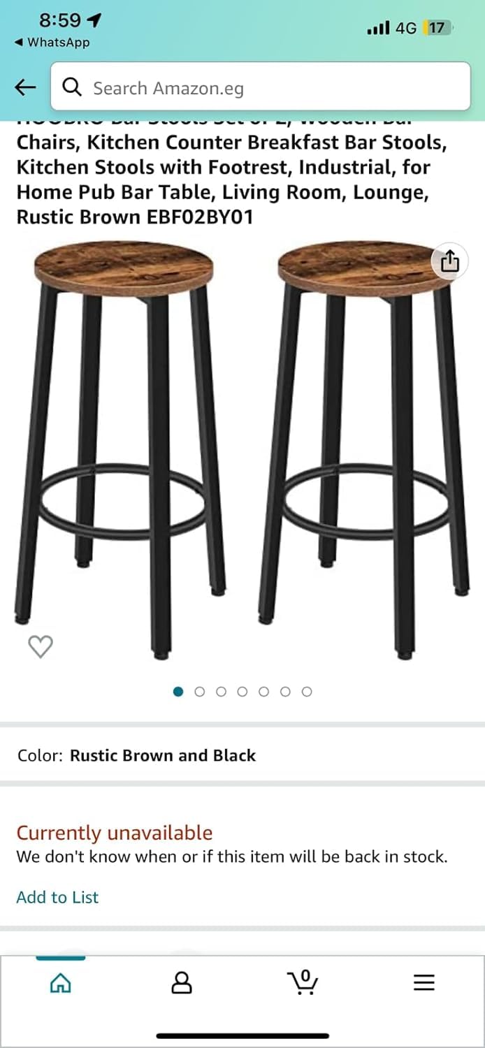 HOOBRO Bar Chairs, Set of 2 High Stools, Round Seats, Height 62.5 cm, Industrial Style, Metal Frame, with Adjustable Feet, Stable, Easy Assembly, Rustic Brown EBF02BY01