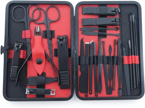 Manicure Pedicure Tool Set 25 Stainless Steel Black, Includes Cuticle Removers, Nail Clippers and Facial Treatment Tools with Portable Black Leather Travel Case