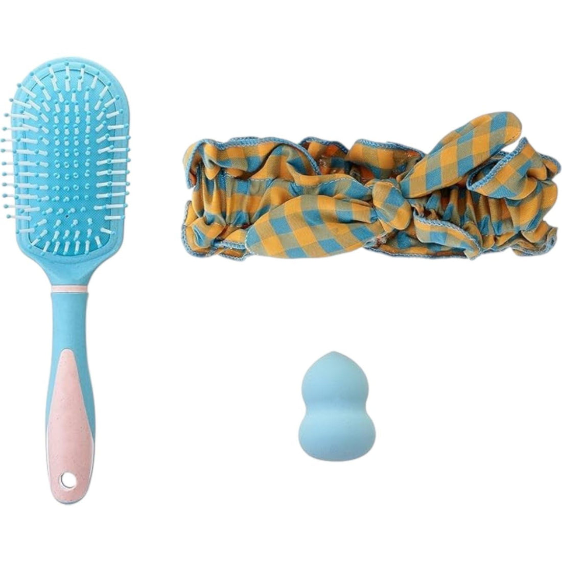 Set Of 3 Pieces Hair Brush, Hair Band,Beauty Blender For Women-Baby Blue