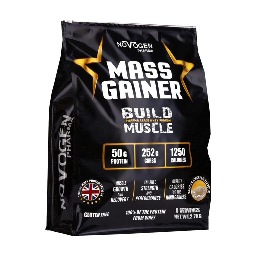 Novogen Mass Gainer Protein Powder, 2.70 kg, 50g Protein, 252g Carbs, Ice Cream Vanilla, 8 Servings