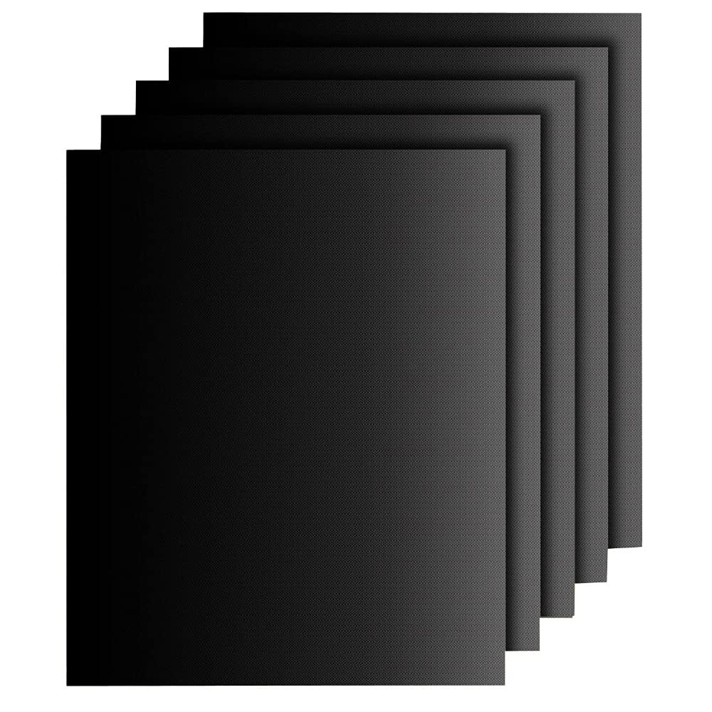 DEERLET Grill Mat Set of 5,100% Non-Stick BBQ Grill Mats, Reusable, and Easy to Clean - Works on Electric Grill Gas Charcoal BBQ 16x13 Inch (5, Black)