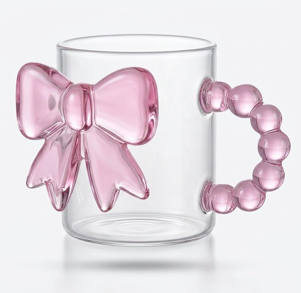 Clear Glass Mug with Holographic Bow and Bubbles Handle - Suitable for Hot and Cold Drinks - Stylish Mug for Gifts and Everyday Use