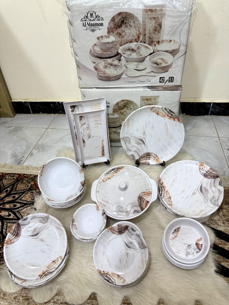 Al Maamon Melamine Plate Set 38 Pieces, White with Brown Marble Pattern and Gold Circles, Round Shape, Shatterproof, Lightweight