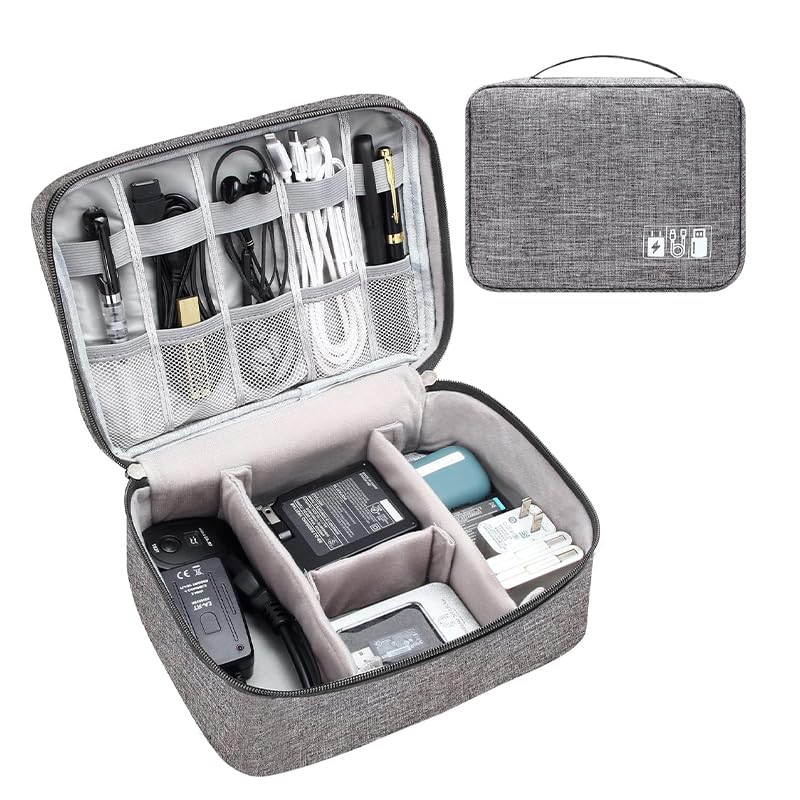 Electronics Organizer Travel Cable Bag, Waterproof Portable Digital Storage Case with Adjustable Dividers, Grey Cationic Fabric, 24 x 18 x 10 cm