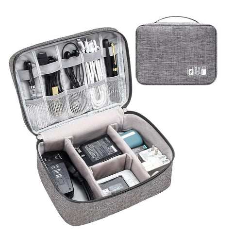 Electronics Organizer Travel Cable Bag, Waterproof Portable Digital Storage Case with Adjustable Dividers, Grey Cationic Fabric, 24 x 18 x 10 cm