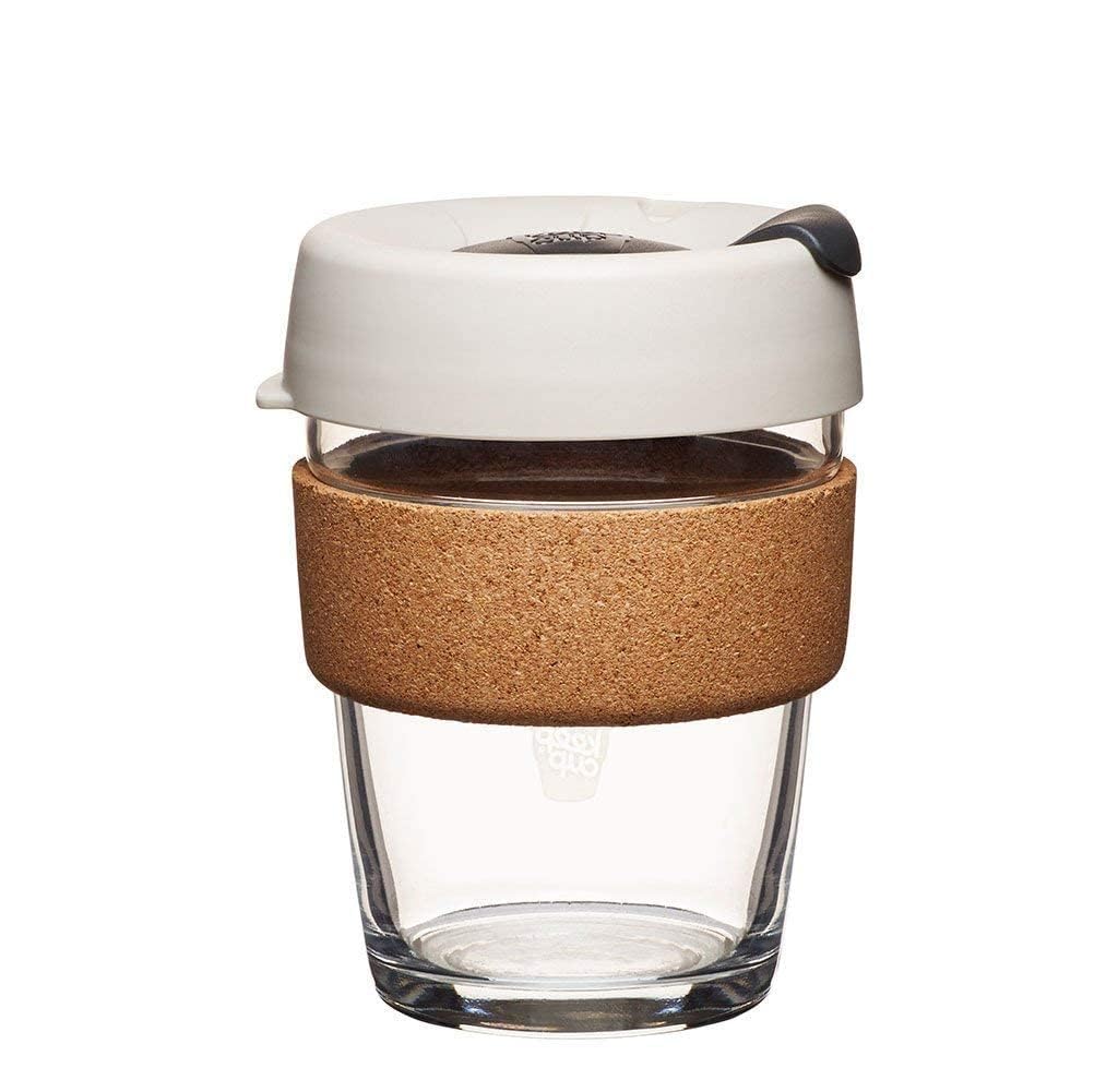 Bukela Reusable Tempered Glass Coffee Cup | Travel Mug with Spill Proof Lid, Eco Friendly Cork Band, Lightweight, BPA Free | Medium | 12oz