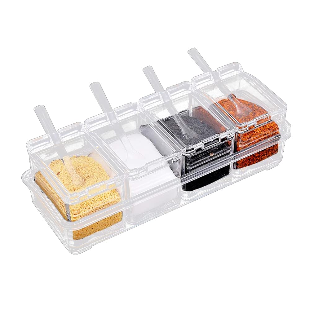 KOBSAINF Clear Seasoning Rack Spice Pots 4 Piece Acrylic Seasoning Storage Seasoning Container Cruet with Cover and Spoon Set for Kitchen