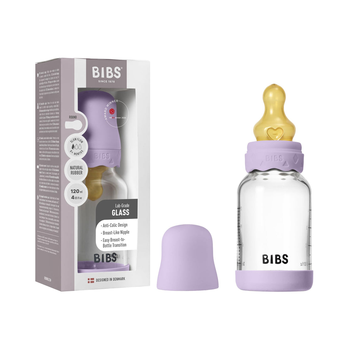 Bibs Glass Boheme Baby Bottle Round Latex 1 Pack 120 Ml Slow Flow Violet Sky