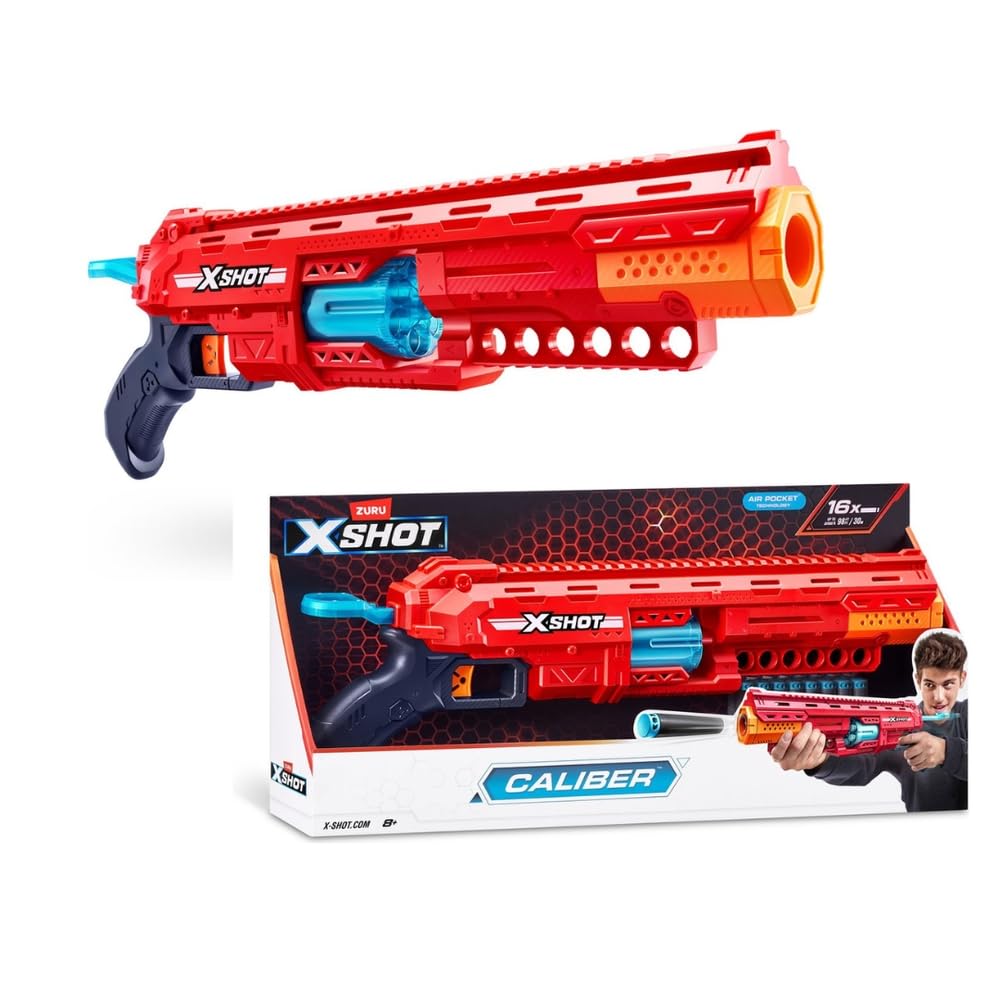 X-Shot Caliber Foam Dart Blaster with 16 Darts, Red and Blue