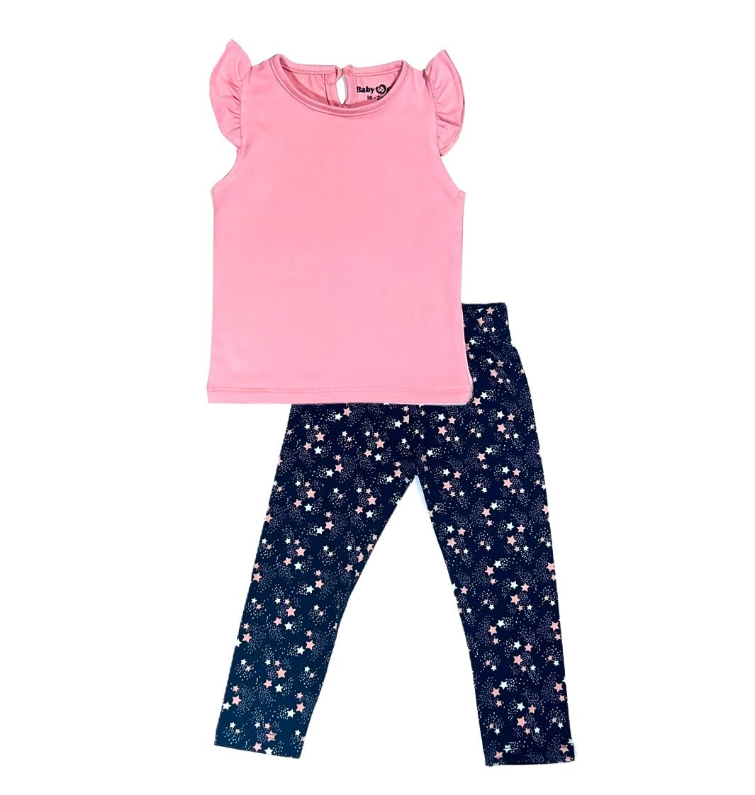 Stars Cotton Baby Set (Pink T-shirt + Black Stars Leggings)