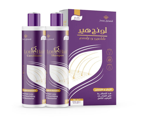 لونج هير شامبو وبلسم طبيعي مجموعة الشعر بزيت الارجان والكيراتين والكافيين لتقوية واطالة الشعر خالي من السلفات والبارابين 800 مللي
