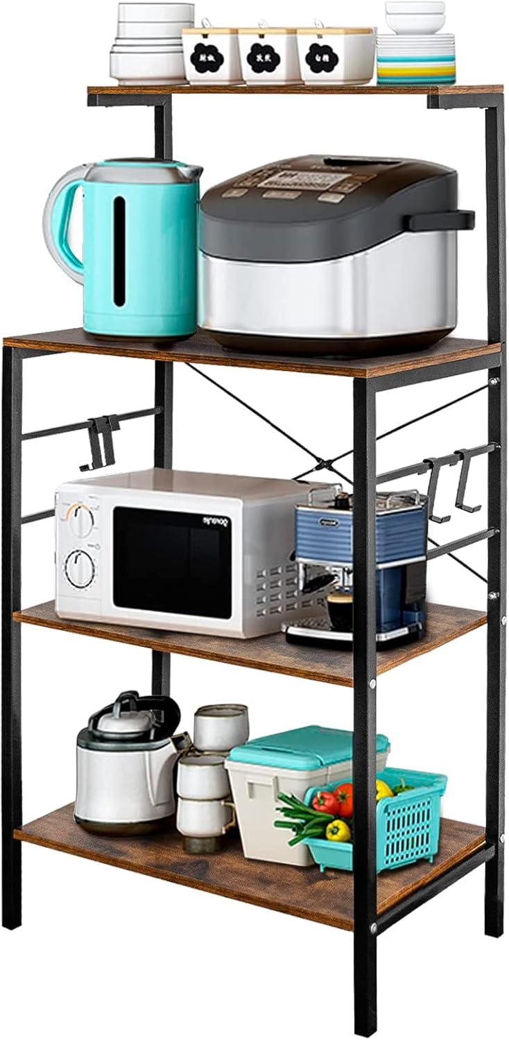 4-Tier Bakers Rack for Kitchen, Microwave Cart & Coffee Bar Storage Shelf with 4 Hooks, Heavy Duty Kitchen Organizer Rack, Rustic Brown