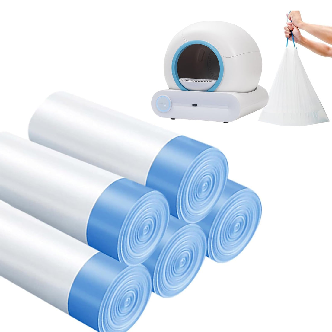 Cat Waste Bags for Automatic Cleaning Litter Boxes, self Cleaning Cat Litter Box Liners-5 Rolls (75 Counts), 17.52 x 18.3 inches Drawstring Extra Sturdy Pet Poop Bags