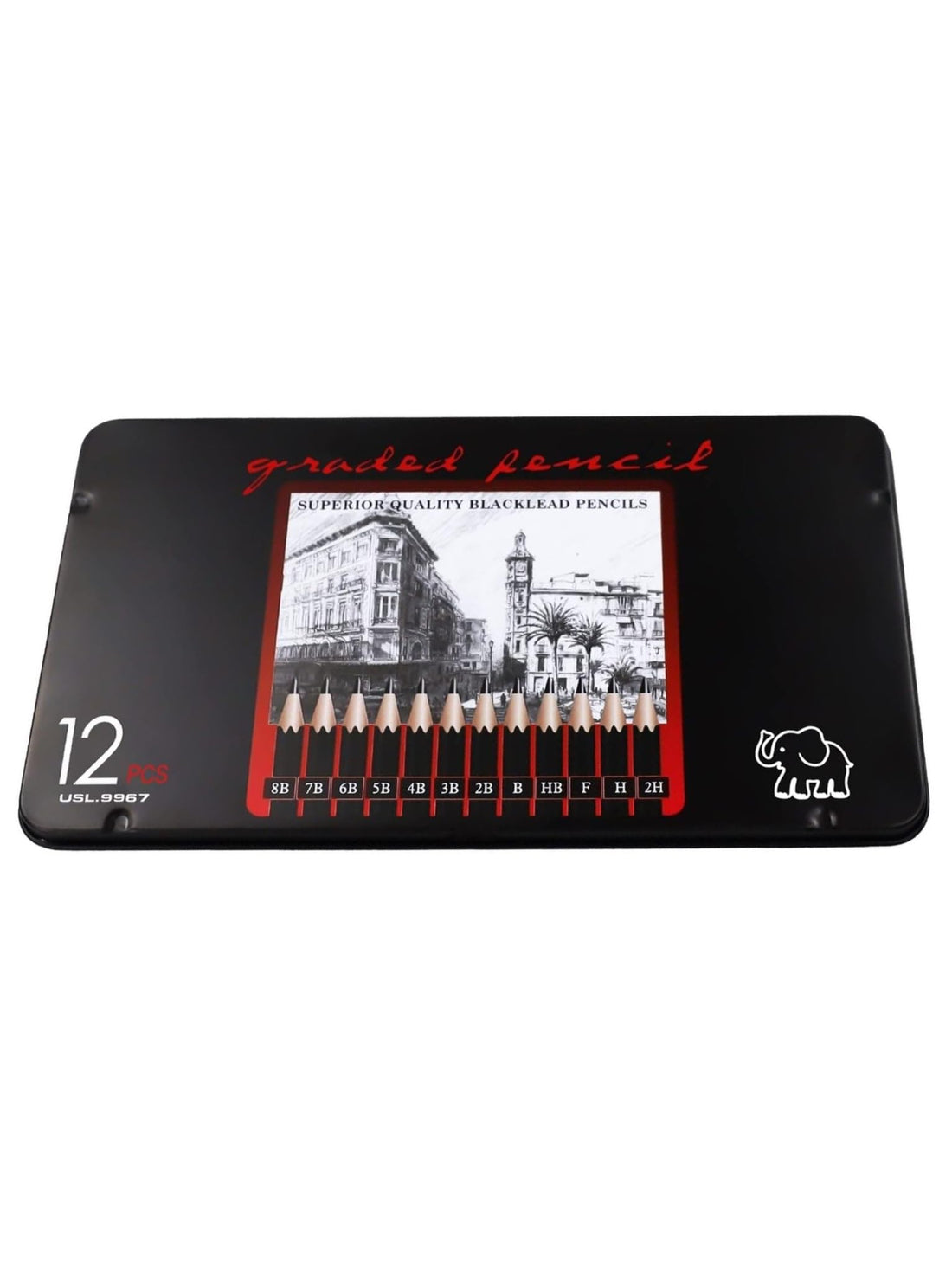 Pencil - Set Of 12 PCS, For Sketching & Drawing, Pack With Metal Case, F H 2H HB B 2B 3B 4B 5B 6B 7B 8B, Model - USL.967