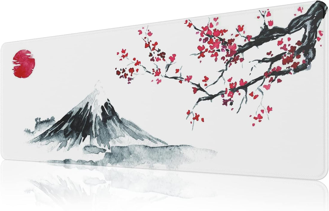 EFISH Japanese Cherry Blossom White Mouse Mat - Extra Large (31.5 x 11.8 x 0.12 in), Stitched Edges, Non-Slip Rubber Base, Gaming XL Mouse Pad