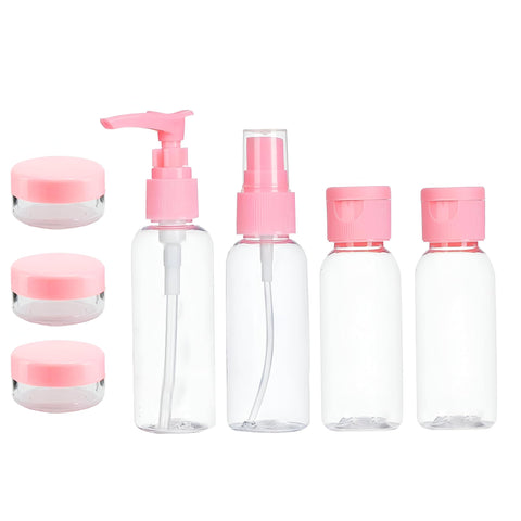 Refillable Travel Set - Includes 7 versatile bottles for cosmetics and personal care products, all neatly stored in a colorful travel bag for on-the-go convenience.