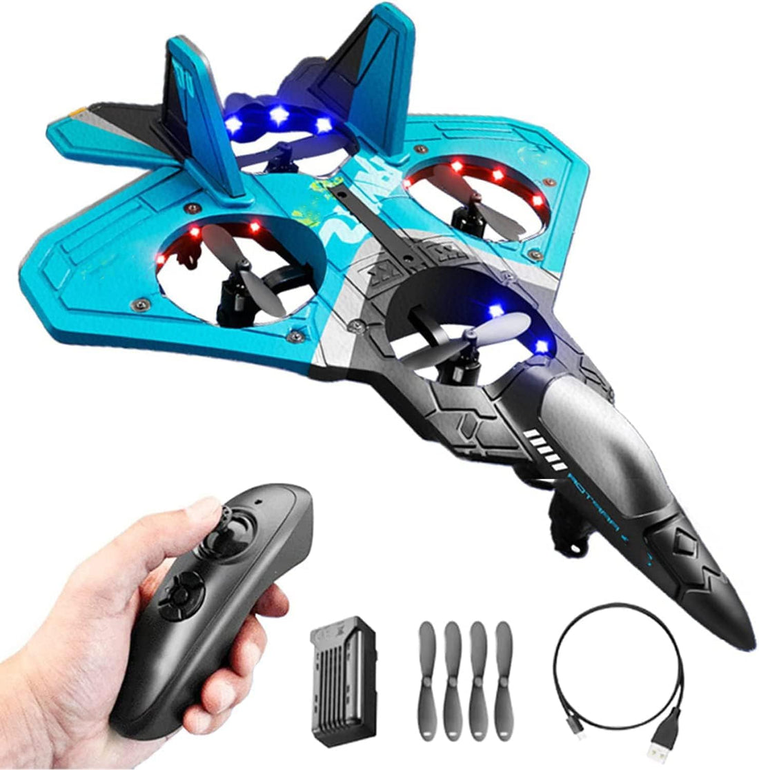 V17 Jet Fighter Stunt RC Airplane,2.4GHz Remote Control Airplane with 360° Stunt Spin Remote & Light, RC Plane Fighter Jet Drones,Fighter Plane Glider Airplane Outdoor Flight Toys Gifts (V17- Blue)