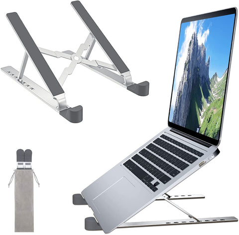 FINIBO Laptop Stand, 8-Level Height Adjustable Laptop Stand, Foldable Aluminium Laptop Holder, Portable Notebook Stand Compatible with MacBook Pro Air, Dell, HP and 10-15.6 Inch Tablet (Silver)
