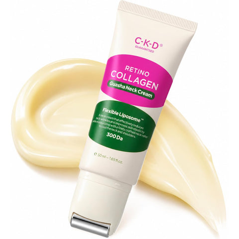 CKD Guasha Collagen Retinol Small Molecules Neck Cream, Anti Aging Neck Firming Cream for Tightening Sagging Skin, with Steel Roller, 1.69 oz.