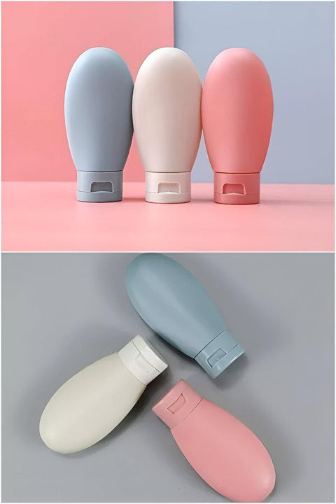 Empty Toiletry Bottles - Smart refillable plastic set for safely carrying skincare and haircare liquids, ergonomic squeeze shape with durable zip bag for easy daily or travel use (3 pcs)