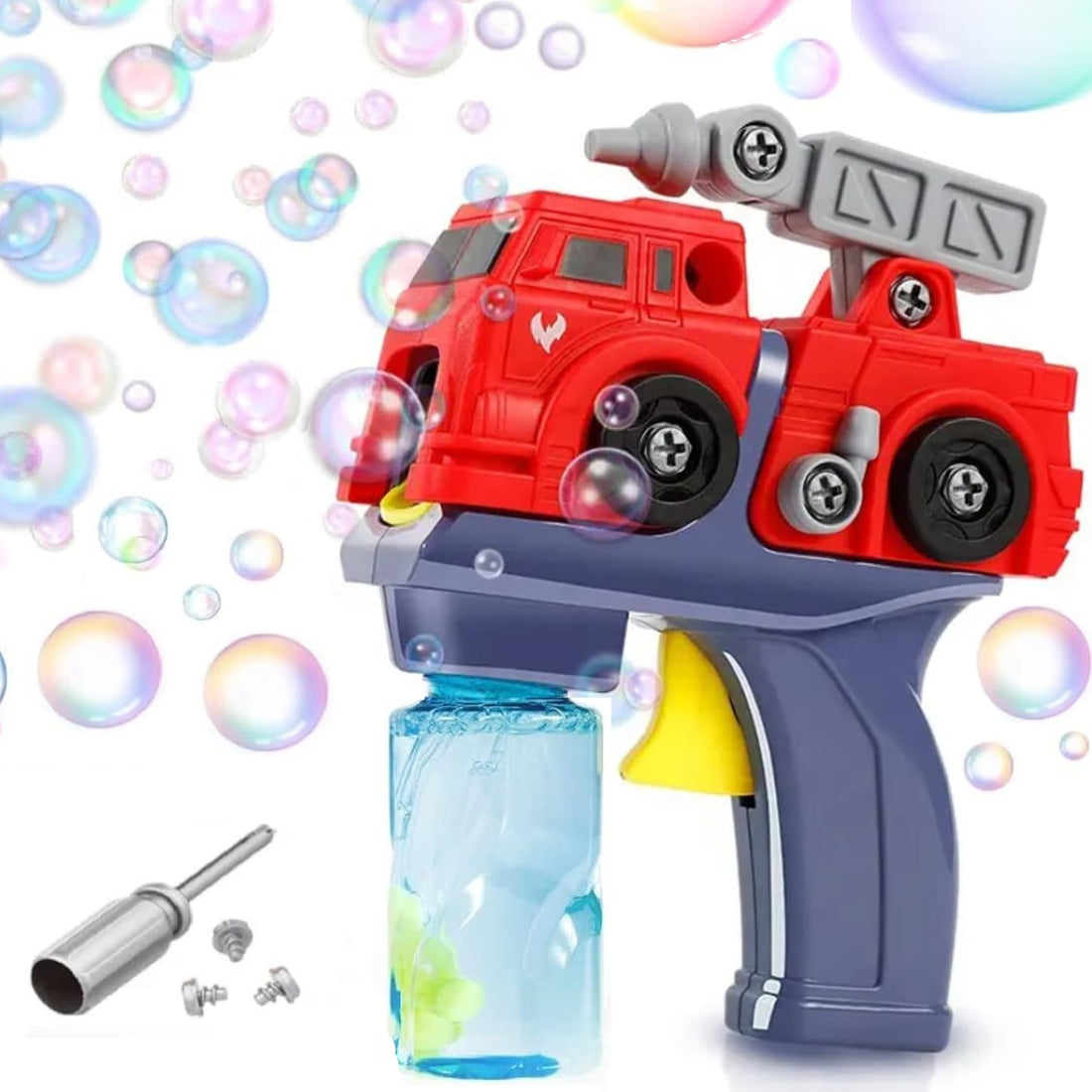 TOYS LAND DIY Bubble Machine Fire Truck Toy – 2-in-1 Assembling Bubble Blower with Music & Light, Includes 2 Bottles Refill Solution, Outdoor Summer Bubble Maker for Kids Ages 3+ (Fire Truck)