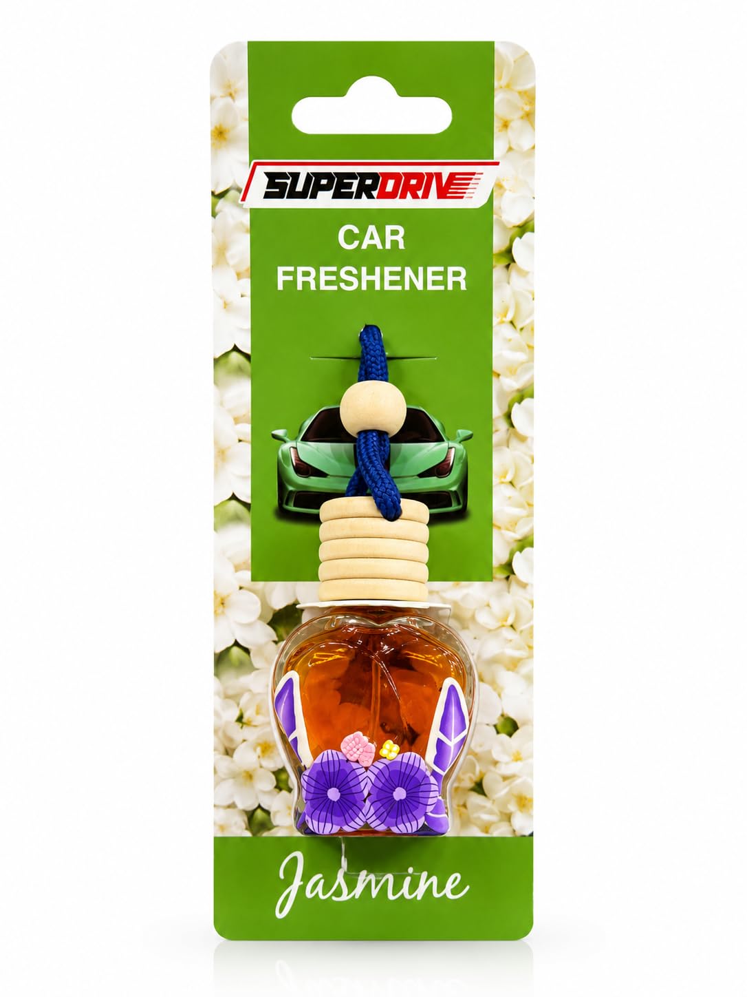 BOOM Superdrive Car Air Freshener on Mirror with Essential Oils Fragrance with Wooden Diffuser Lid - Blue - Jasmine
