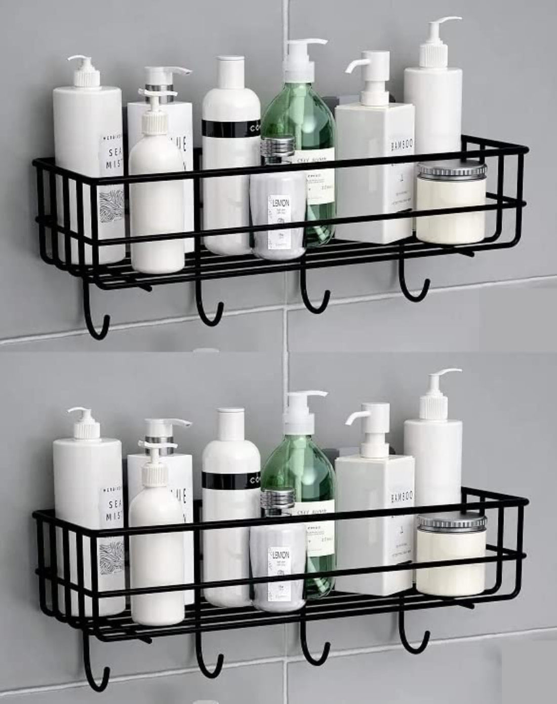 Bathroom Rack Bathroom Shelves Kitchen Storage – Self Adhesive Bathroom Shelf and Shampoo Holder with 4 Hook Adhesive Shower Caddy Metal Shelf (Pack of 2)