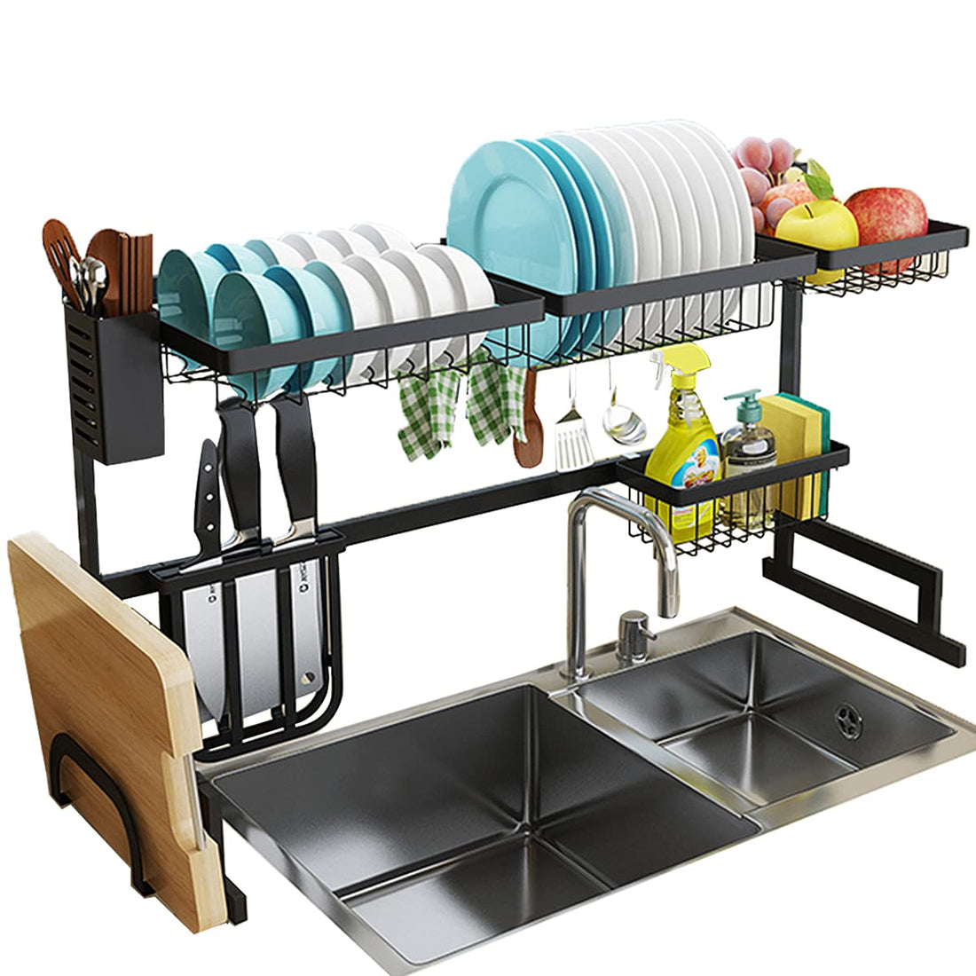 Over Sink Dish Drying Rack, Stainless Steel Kitchen Drying Rack - 2 Tier Large Over the Sink Dish Drying Rack (Sink Size¡Ü32"), Dishes Drying Rack Dish Drainers Rack for Kitchen Sink Organizer Black