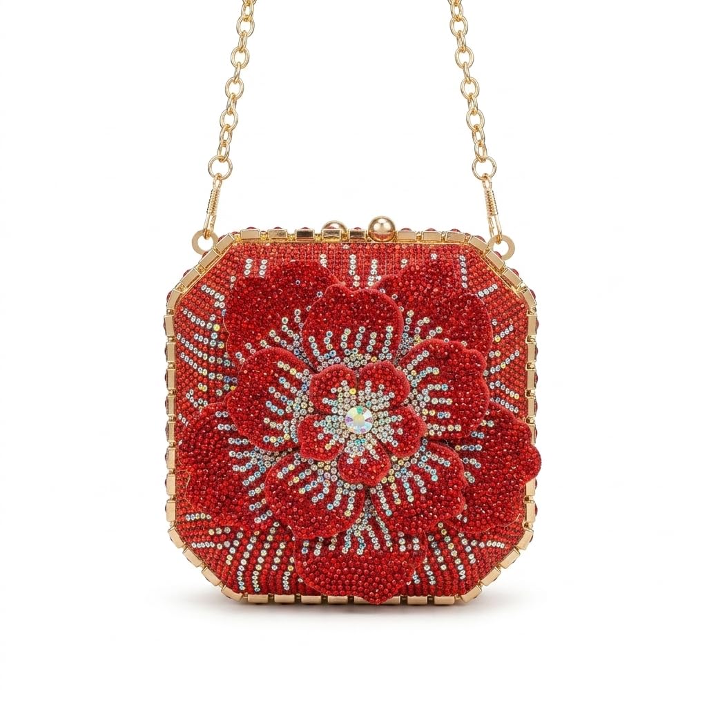A square evening bag featuring a magnificent, multi-layered sculptural flower as its centerpiece.VS-63